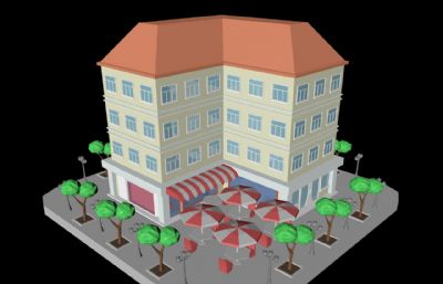 卡通低面街角咖啡店,商业大楼场景3D模型,MAX,MB,C4D,blend,FBX多种格式