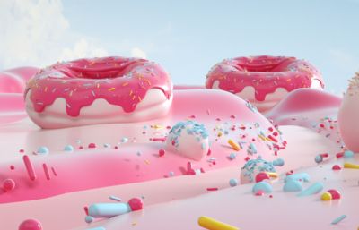 冰淇淋,甜甜圈,六一儿童节甜美世界海报C4D模型,Octane渲染