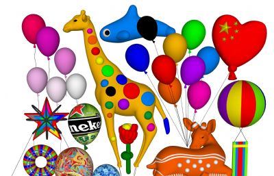 儿童卡通造型气球,动物庆典氢气球组合3D模型