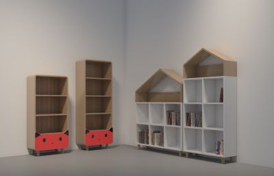 书架,木制儿童书架3D模型