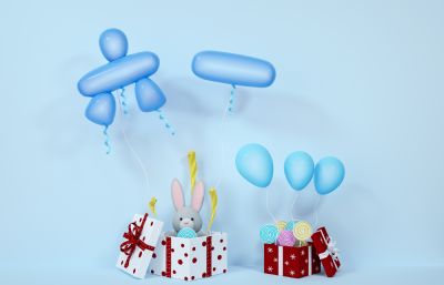 气球礼盒组成的六一儿童节海报C4D模型,Octane渲染