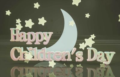 月亮星星组成的happy children's day海报C4D模型,Octane渲染