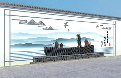 新农村砖瓦造型船,景墙3D模型,实物上墙