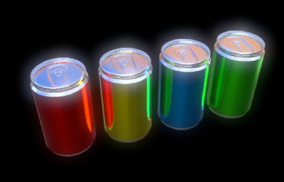 4个不同颜色的易拉罐3D模型