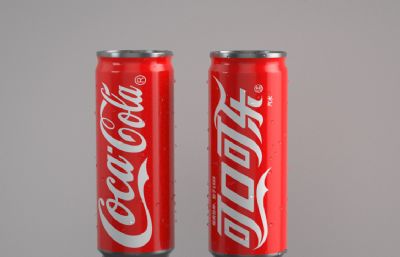 带水滴的长罐可乐,听装易拉罐可乐C4D模型,Octane渲染