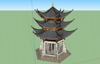 双凤亭,经典中式六角重檐景观亭su模型