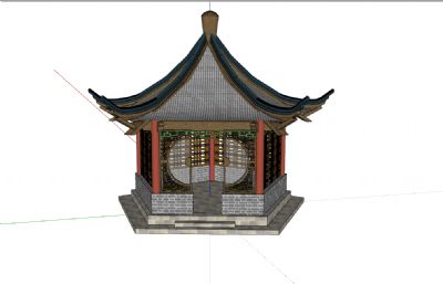中式復古六角涼亭,遮陽棚su模型