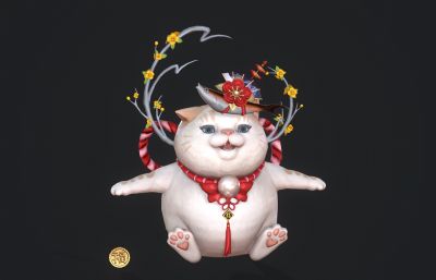 宠物桃花猫,PBR招财猫宠物带绑定3D模型