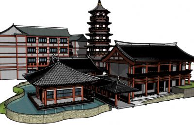 中式仿古歇山頂建筑,古塔建筑,中式會所su模型.