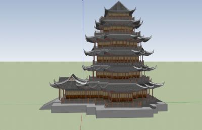 中式寺庙,六层塔楼古建筑su模型
