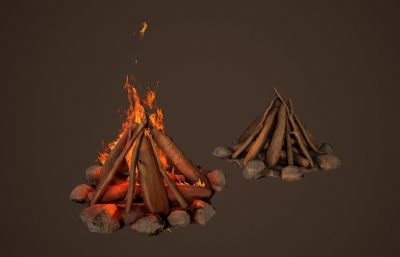 火堆,燃烧的柴火,篝火C4D模型,blend,c4d格式,带燃烧动画
