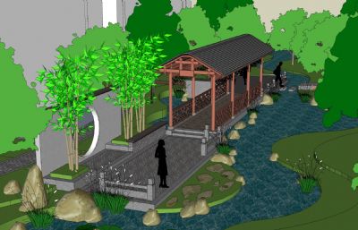 小區公園中式廊橋設計SU模型