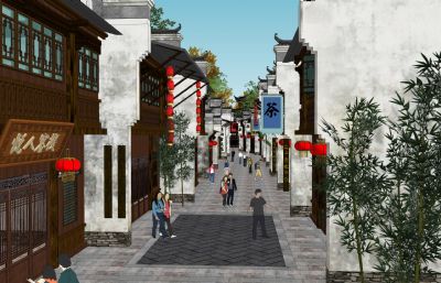 中式商業街,古鎮街道,步行街SU模型
