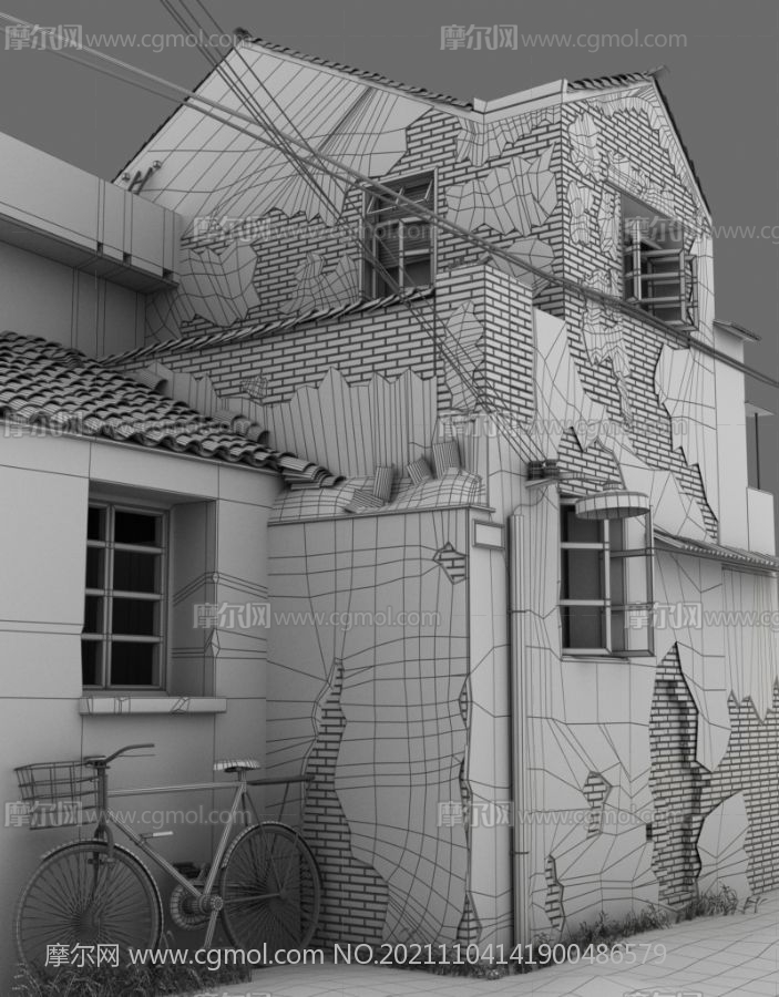 破舊房子,破損房子墻壁廢墟場景maya模型