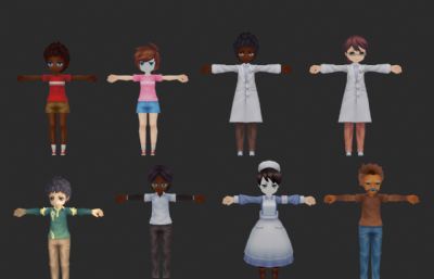 医生,护士,老师,黑人教授等15款卡通人物3D模型简模,OBJ格式