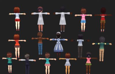医生,护士,老师,黑人教授等15款卡通人物3D模型简模,OBJ格式