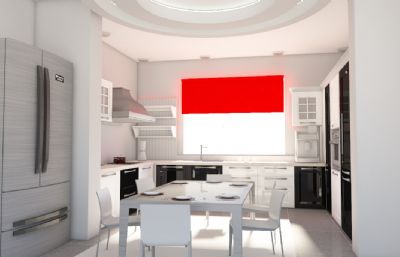 现代厨房+餐厅设计场景C4D模型,VRAY渲染