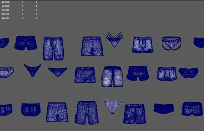 二十四种不同款式内裤,短裤,运动裤,三角裤,裤衩maya模型,MA,FBX,OBJ等格式