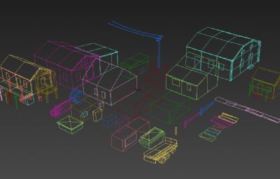 乡村小镇房子场景建筑3D模型低模,OBJ格式