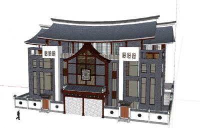 农村古风中式三层别墅洋楼SKP模型