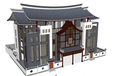 农村古风中式三层别墅洋楼SKP模型