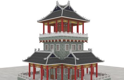 古代塔楼,徽派建筑瞭望塔,鼓楼古楼3D模型