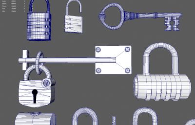 各种铁锁,旧锁,古董锁,钥匙maya模型(网盘下载)