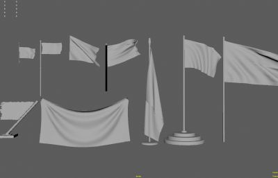 旗帜,旗杆,飘动的旗子组合maya模型素模