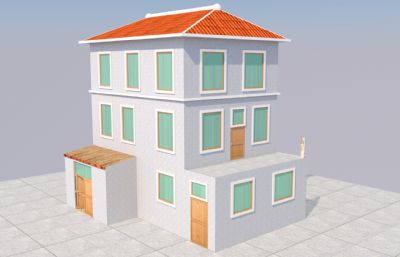欧式住宅房子,三层小洋楼C4D模型+FBX格式素模