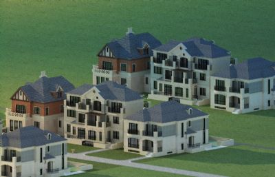 新欧式联排别墅3D模型,贴图全