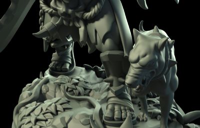 带猎犬的兽人战士雕像3D打印模型(网盘下载)