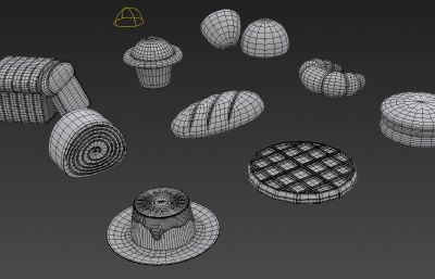 馒头,窝头,面包,派,蛋挞,糖饼等早点组合3D模型素模,OBJ格式