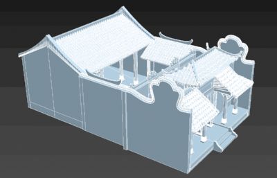 中式祠堂建筑3D模型,未合并可做动画素材