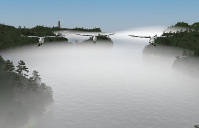 湿地山水场景,仙鹤飞翔动画3D模型(网盘下载)