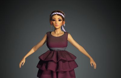 穿公主裙的卡通女孩,女生maya模型,redshift渲染