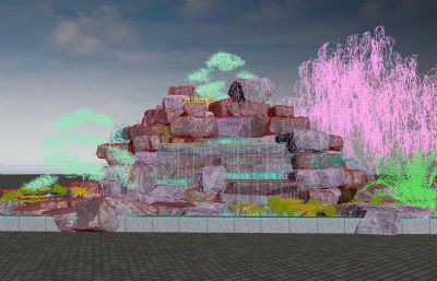 荷花池假山瀑布,公园造景3D模型