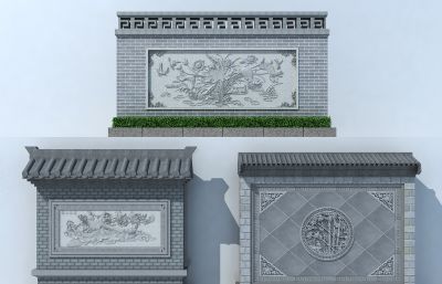 3个中式影壁墙,景墙小品3D模型