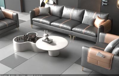现代真皮沙发+茶几组合3D模型(网盘下载)