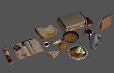 写实驴友野餐食物用品集合3D模型低模