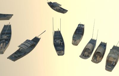 写实码头船只 木帆船 木筏小舟 古代打渔木船3D模型