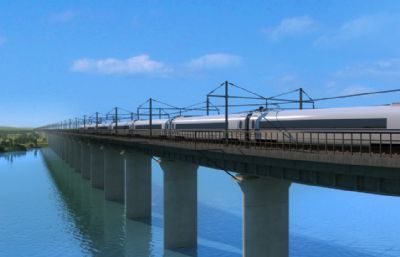 跨江大桥 两架高铁擦身而过场景动画3D模型