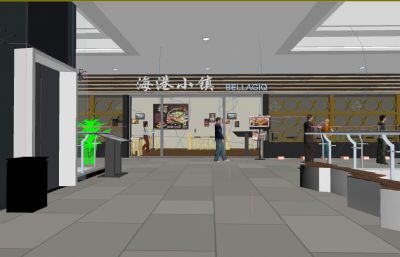 海港小镇,商场餐饮店铺门头及周边场景3D模型