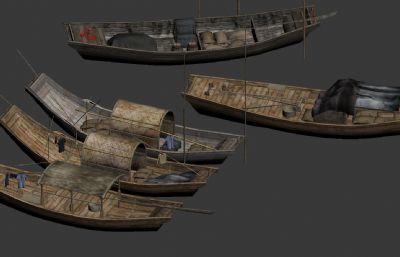 写实码头船只 木帆船 木筏小舟 古代打渔木船3D模型