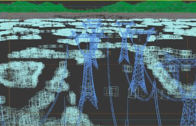 乡村田野高压电线塔 电线杆 输电设备场景3D模型