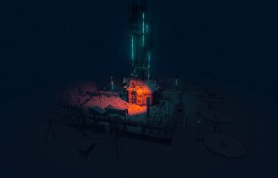 夜晚灯光下的雪地矿场基地场景FBX模型