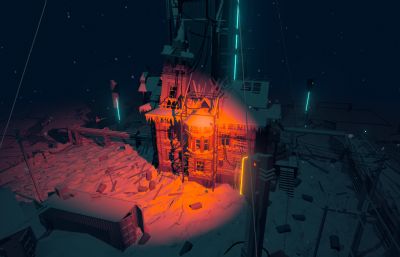 夜晚灯光下的雪地矿场基地场景FBX模型