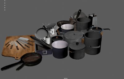 锅碗瓢盆 道具砧板 全套厨房用具3dmaya模型