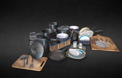 锅碗瓢盆 道具砧板 全套厨房用具3dmaya模型