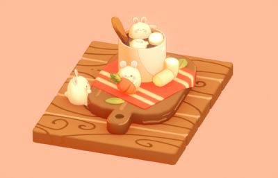 超可爱萌的巧克力兔子糕点饮品组合FBX模型,三渲二
