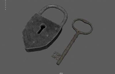 中世纪复古锁,旧锁和钥匙 ,古董锁3dmaya模型